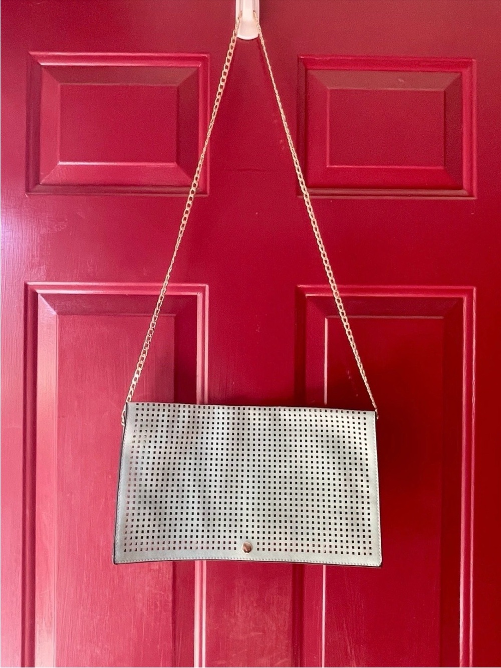 Perforated Metallic Clutch with Gold Chain Strap - Silver
